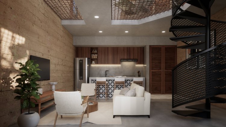 Modern open-concept living space with a kitchen, white sofa, armchair, large plant, wall-mounted TV, and a black spiral staircase.
