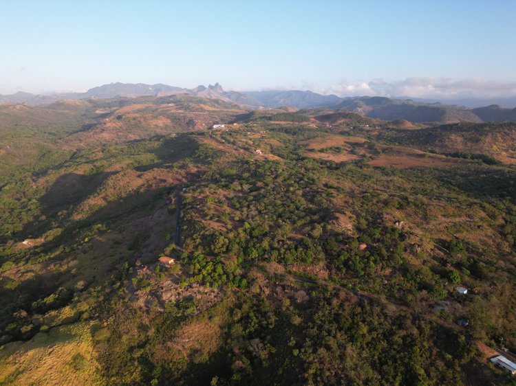 Aerial view of rolling green and brown hills with scattered trees, small houses, and distant mountains under a clear blue sky.