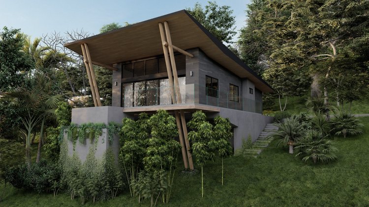 Modern house with large overhanging roof, glass railing balcony, surrounded by lush greenery and trees on a hillside.