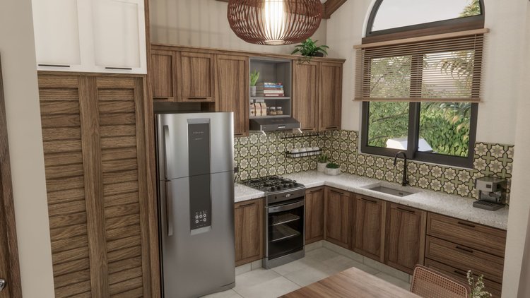 A modern kitchen with wooden cabinets, a stainless steel refrigerator, a black stove, a white countertop, and a decorative tile backsplash. There is a large window with blinds above the sink, and a pendant light hanging from the ceiling.
