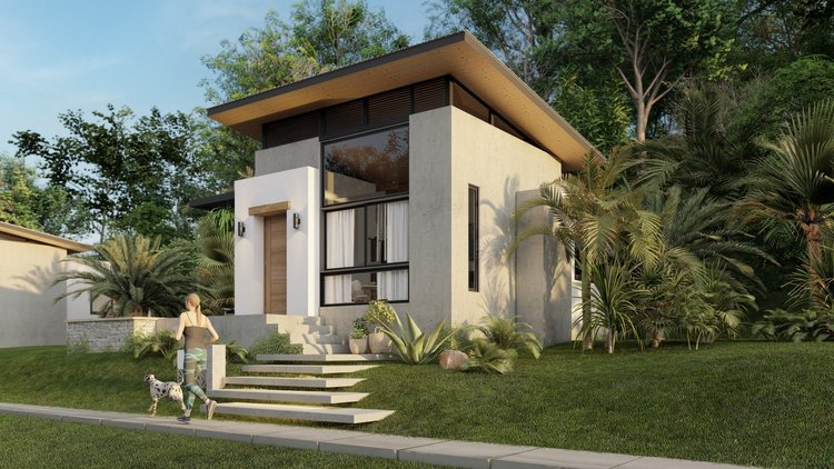 Modern house with large windows, white and concrete exterior, surrounded by greenery, with a woman walking a Dalmatian dog on the sidewalk.