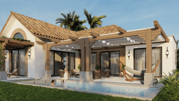 A modern house with a terracotta tiled roof and an outdoor pool area featuring a woman sitting on the edge with a child swimming nearby, surrounded by outdoor furniture, a hammock, potted plants, and a lush green lawn under a clear blue sky.