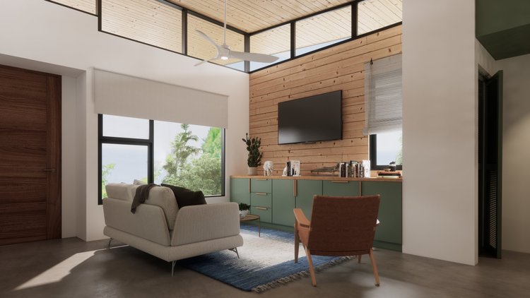 Modern living room with beige sofa, brown armchair, green cabinet, mounted flat-screen TV, large window with view of greenery, wooden ceiling, and ceiling fan.
