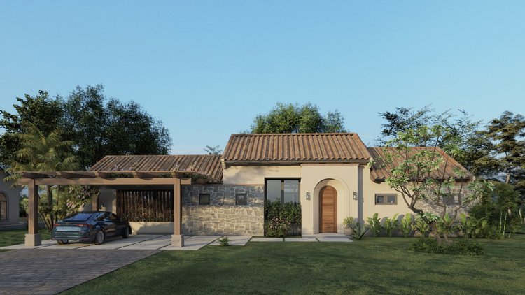 A modern house with a tiled roof, stone and stucco exterior, surrounded by green grass and trees, with a car parked under a wooden carport.