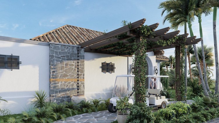 A landscaped outdoor area with a stone pathway, lush green plants, a white golf cart, and a wooden pergola covered in vines in front of a white house with a tiled roof and stone accents, surrounded by tall palm trees.