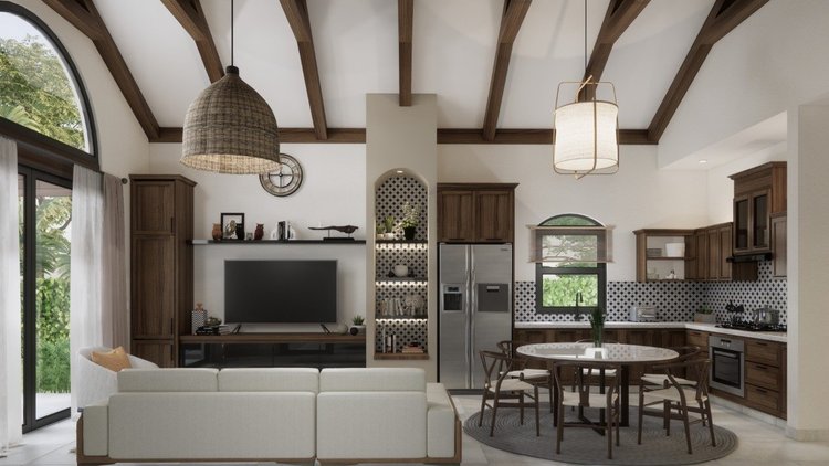 Open-concept living room and kitchen with wooden ceilings, large window, white walls, beige sofa, flat-screen TV, dark wood cabinets, stainless steel refrigerator, round dining table with six chairs, patterned backsplash, and modern lighting fixtures