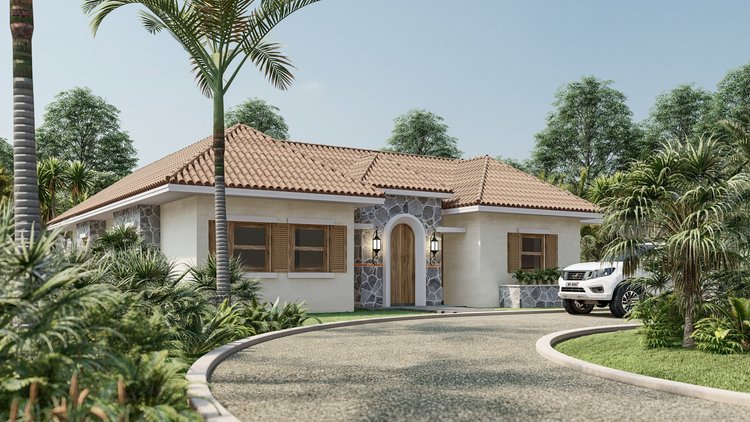 A modern house with a terracotta tiled roof, stone and stucco exterior, wooden window shutters, surrounded by lush tropical plants and trees, with a white SUV parked on a curved driveway.