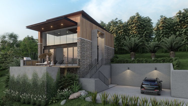 Modern house on a hillside with a large deck, glass windows, and wooden and stone exterior. Two women are on the deck, one sitting and the other standing with an umbrella. A driveway with a parked car is below, with outdoor lighting and lush greenery