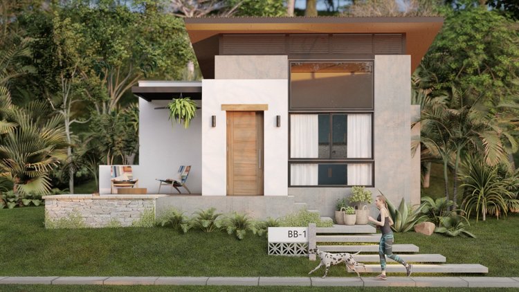 Modern two-story house with large windows and a wooden front door, surrounded by lush greenery. A woman is walking her Dalmatian dog on the sidewalk in front of the house.