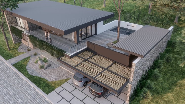 A modern single-story house with a flat roof, outdoor patio, and a small water feature. The house has large glass sliding doors and a railing balcony. Two people are standing on the balcony, and there is a parking area with two cars under a wooden pe
