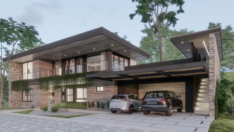 Modern two-story house with wooden and stone exterior, large glass windows, a balcony with two people, parked cars in the driveway, and lush greenery around.