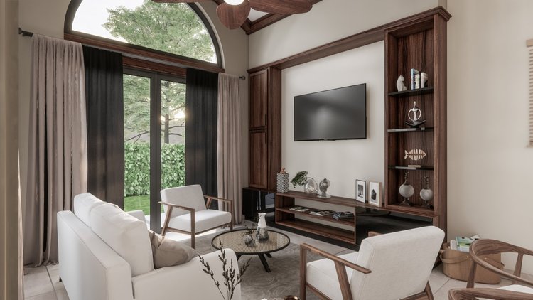 Contemporary living room with a large arched window, beige curtains, a white sofa with throw pillows, wooden armchairs, a round coffee table, and a wooden entertainment unit with a mounted TV, decorative objects, and books.
