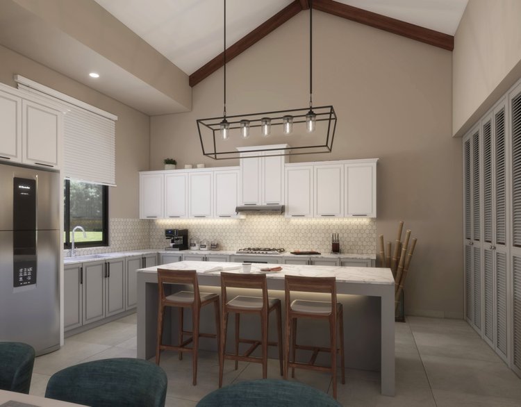 Modern kitchen with white cabinets, marble island with three chairs, pendant light fixture, stainless steel refrigerator, window with blinds, and a neutral color palette.