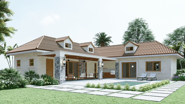 Render of a modern house with a red tile roof, a backyard patio with seating and a pool, surrounded by greenery and trees.