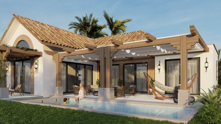 Modern backyard with swimming pool, outdoor seating, pergola, hammock, and a woman relaxing near the pool, surrounded by greenery and palm trees.