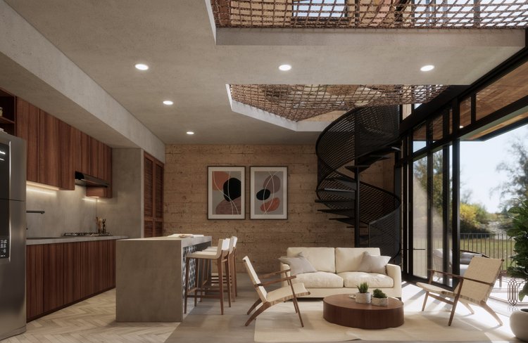 Modern open-concept living room and kitchen with natural light, minimalist furniture, wooden accents, abstract art, and a spiral staircase.