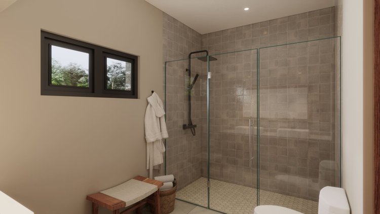 Modern bathroom with beige walls, two small windows, a walk-in glass shower with gray tiles, a wooden bench, a woven basket, and a white toilet.