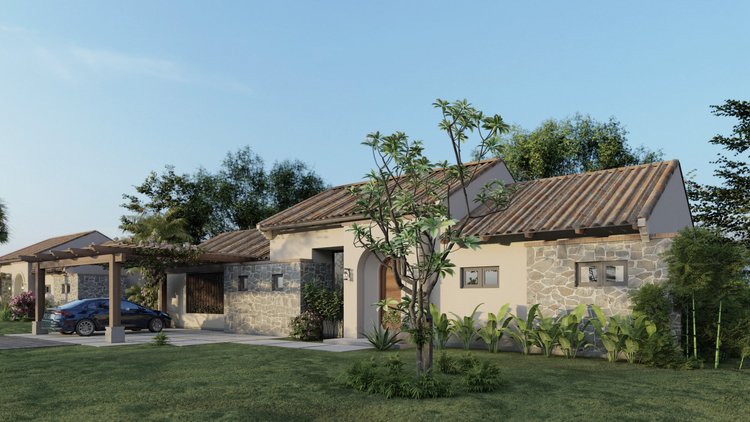 A modern house with stone and stucco walls, a tiled roof, and a small front yard with a tree and green plants. There is a black car parked in the driveway and a wooden pergola to the left.