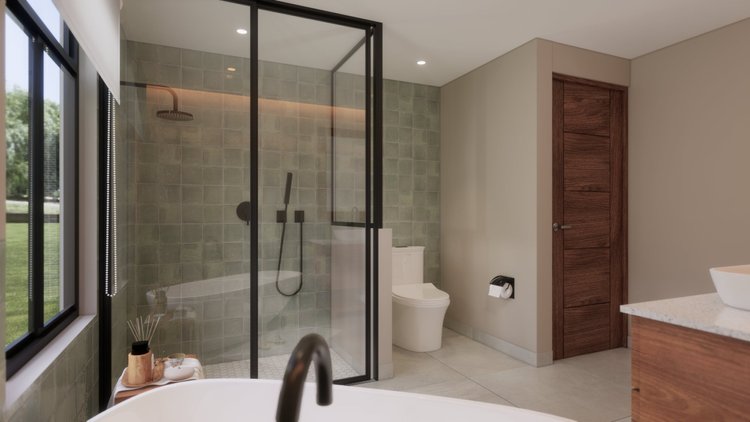 Modern bathroom with a glass-enclosed shower, a white toilet, a wooden door, and a bathroom counter with a vessel sink.