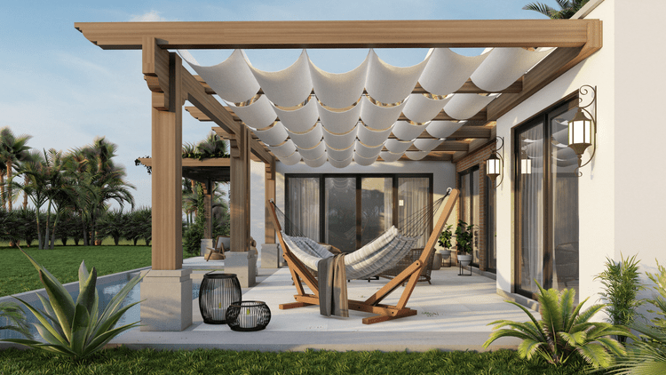 Covered outdoor patio with hammock, potted plants, and outdoor furniture, overlooking a lush garden.