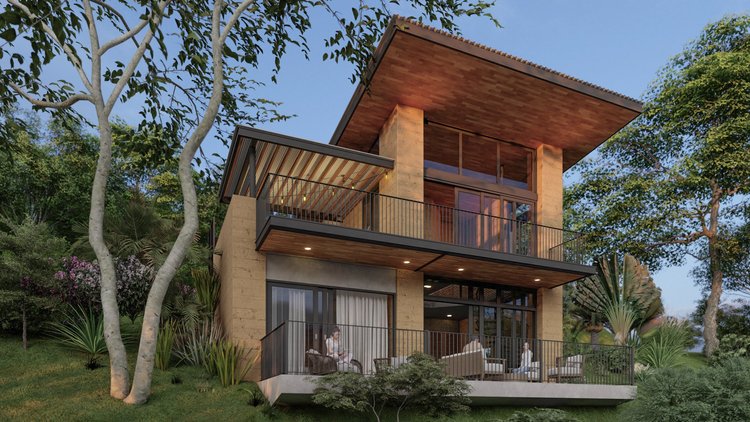 A modern, multi-story house with large glass windows and wooden accents, surrounded by trees and greenery in a lush landscape.