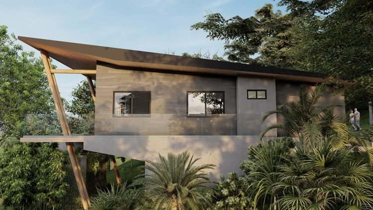 Modern house with a unique sloped roof, large windows, glass balcony, and surrounded by lush green trees and plants.