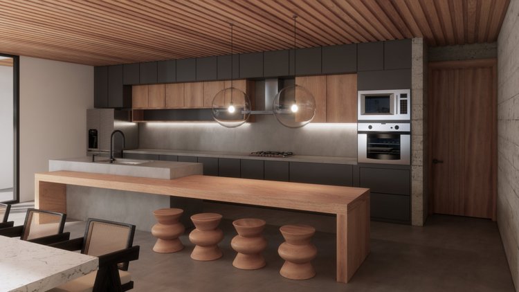 Modern kitchen with wooden ceiling, gray and wood cabinetry, gray countertops, and pendant lights over a kitchen island with wood stools, stainless steel appliances, and a sliding glass door on the left.
