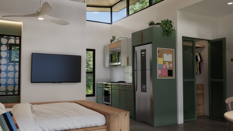 Interior of a modern compact living space with a bed, a wall-mounted TV, a small kitchen with green and beige cabinets, stainless steel appliances, and a closet with louvered doors, decorated with plants and a corkboard.