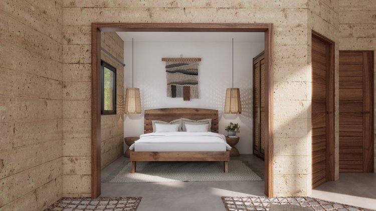 Bedroom with wooden bed, white bedding, two side tables with lamps, wall hanging art, small window, and a closet with wooden doors.