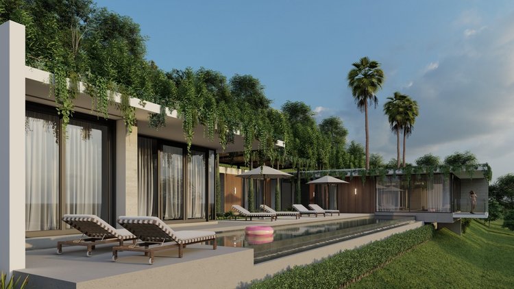 Luxury modern house with swimming pool surrounded by lounge chairs, umbrellas, and lush greenery including palm trees under a blue sky.
