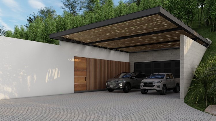Modern carport with two parked vehicles, a black SUV and a gray pickup truck, adjacent to a white wall with a wooden door, surrounded by greenery and a landscaped area.