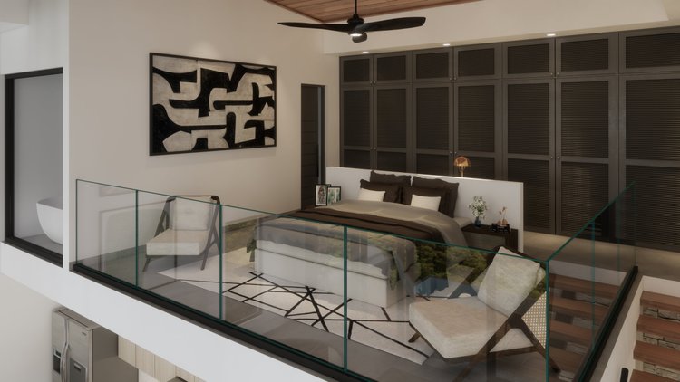 Modern bedroom with a white bed, brown and white pillows, a small black nightstand with a flower vase, and a large dark wood cabinet with louvered doors. There are two beige armchairs with dark wooden legs on a white geometric rug, and a glass railin