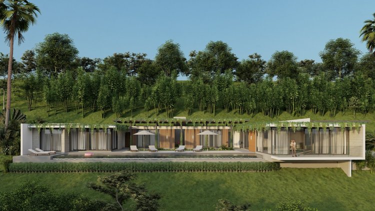 Modern house with floor-to-ceiling windows, a pool in front, and surrounded by lush green trees and landscaping.