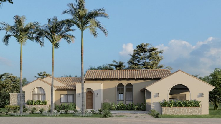 A modern single-story house with a beige facade, tile roof, arched windows, surrounded by tropical palm trees and greenery, under a blue sky with clouds.