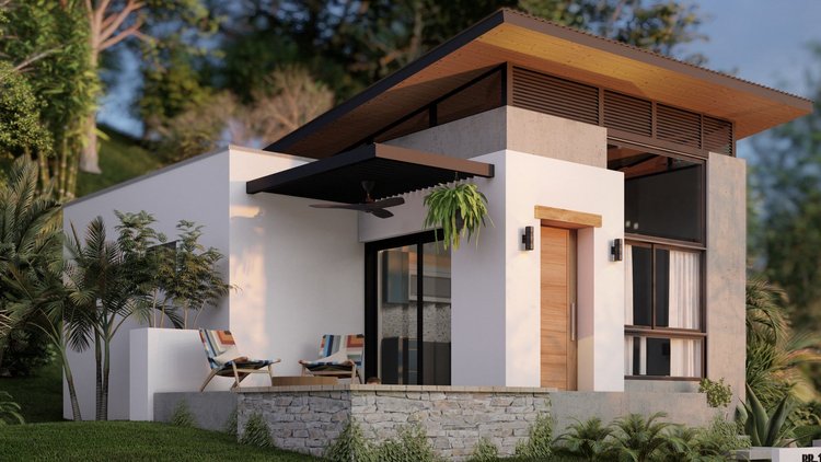 Modern house with white and concrete exterior, large windows, and wooden accents, surrounded by green plants and trees.