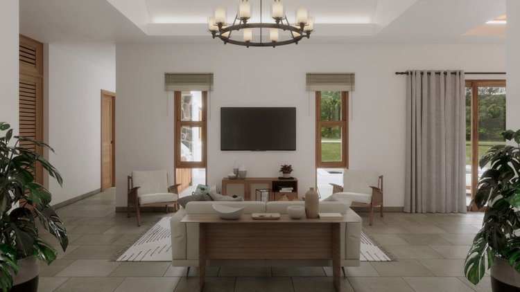 Living room with white walls, a large window on each side, a flat-screen TV mounted on the wall, two upholstered armchairs, a wooden console, and sliding glass door with curtains leading outside. Plants are visible in the foreground.