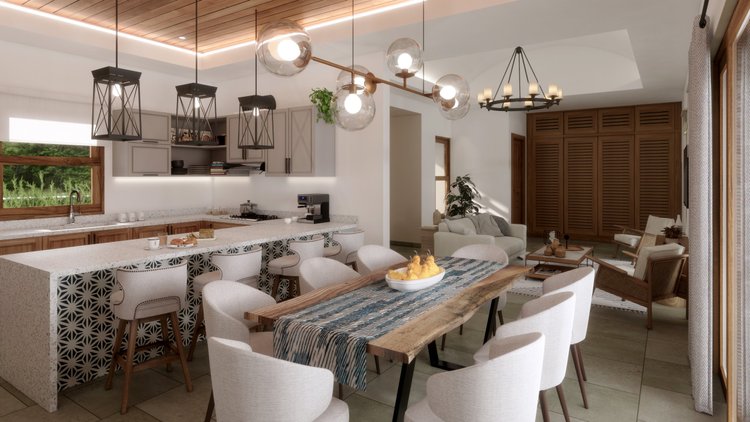 Open concept kitchen and living room with dining table, modern lighting fixtures, and wooden accents.