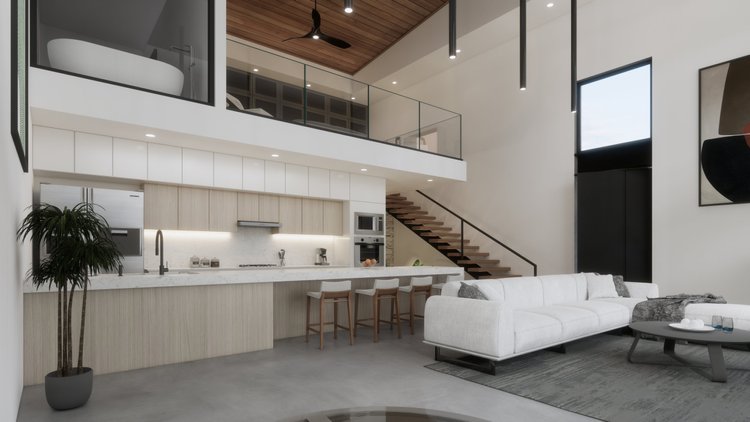 Modern open-concept living room and kitchen with high ceiling, white walls, wooden accents, and large windows. White sectional sofa, black coffee table, potted plant, and kitchen with white countertops and bar stools.